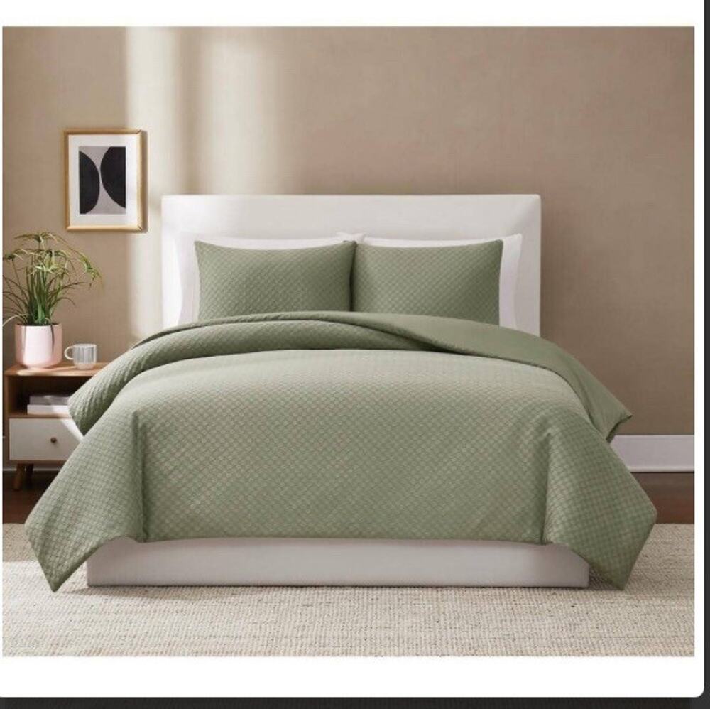 Brooklyn Loom Cotton Woven Texture 3 Piece Duvet Set- Green- Cp. $160